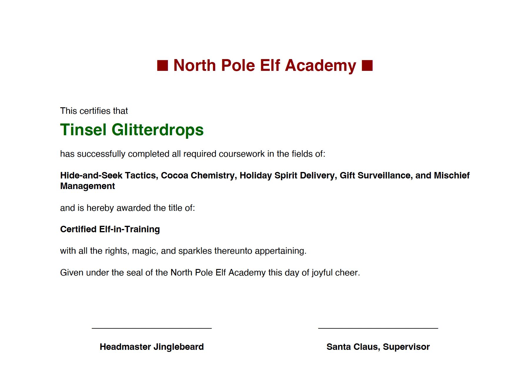Tinsel Elf Diploma